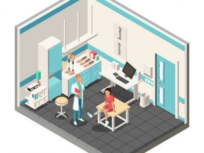Isometric orthopedics design concept with doctor in workplace. The doctor is examining patient and sets the prosthesis. Vector illustration.